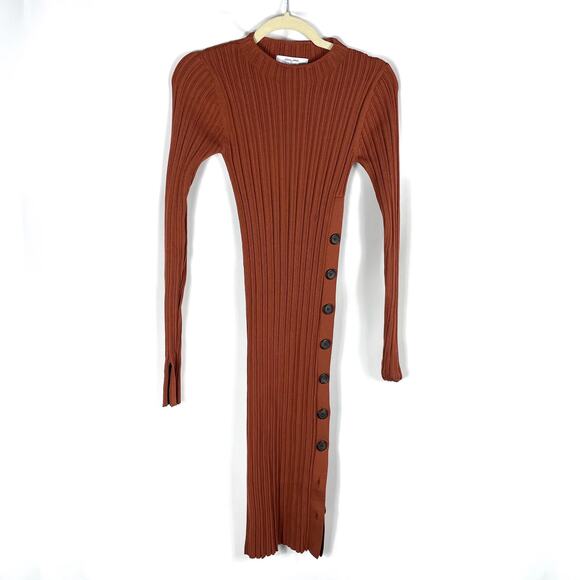 Adam Lippes Side Button Midi Dress Ribbed Sweater Brown Long Split Sleeve Sz XS - Picture 4 of 11